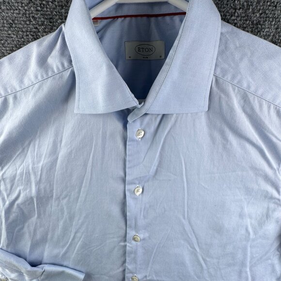 Eton Long Sleeve Button Up Shirt Men Cotton Designer Blue 16 Slim Woven Romania - Picture 1 of 16